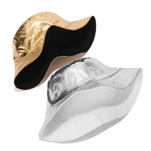 2024 Gold and Silver Leather Harajuku Reversible Bucket Hat for Men & Women