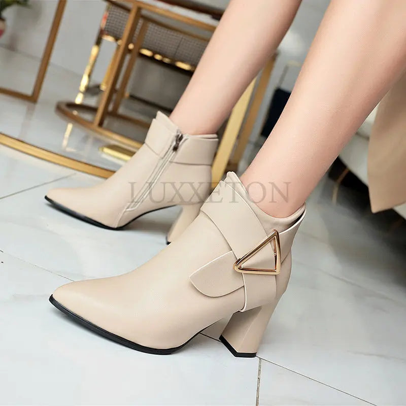 Women High Heel Short Boots Spring and Autumn Belt Buckle Leather Shoes Waterproof