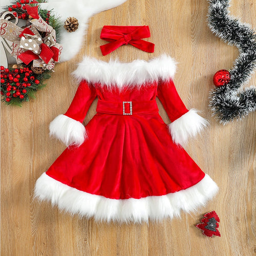 Kid Baby Girl Christmas Clothes Set Patchwork Long Sleeve Off Shoulder with Belt + Bow Headband